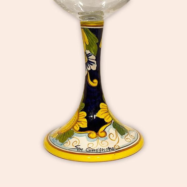 ELEGANT LEAD-FREE  CRYSTAL GLASS WITH CERAMIC STEM:  LEMONS ON BLUE DESIGN cm.23h